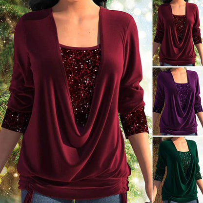 ✨ Top Falso de Dos Piezas con Lentejuelas - Tejido Elástico con Detalles de Smock para Fiestas y Eventos Especiales 💃🎉