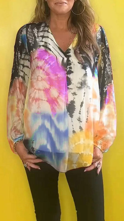 Camisa casual de manga larga con estampado Tie-Dye de talla grande para mujer