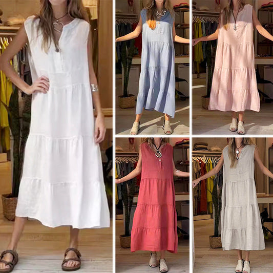 💕49% de descuento Vestido retro de algodón y lino de color sólido para mujer💕