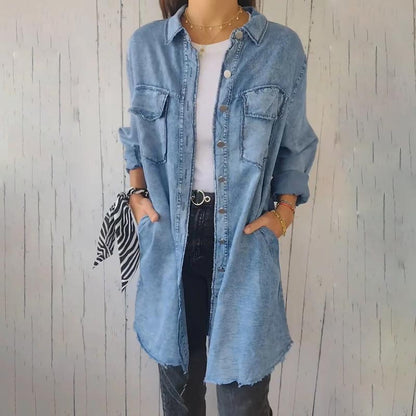 💖Faux Denim de la Mujer Cómoda Solapa Abrigo Camisa💕49% de descuento