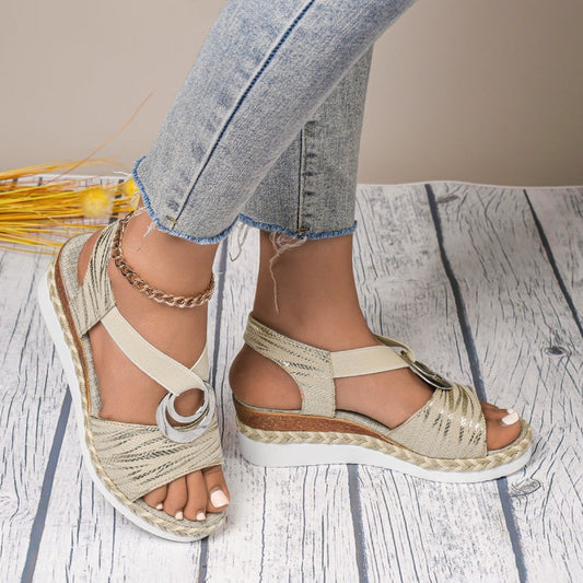 💕49% de descuento💕Sandalias de cuña abiertas de moda para mujer con tira elástica