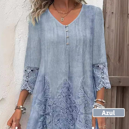 Elegante Vestido de Mujer con Cuello en V y Manga Midi con Adornos de Encaje