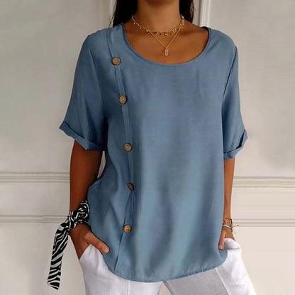 💕49% de descuento--Blusa con botones laterales y cuello redondo para mujer