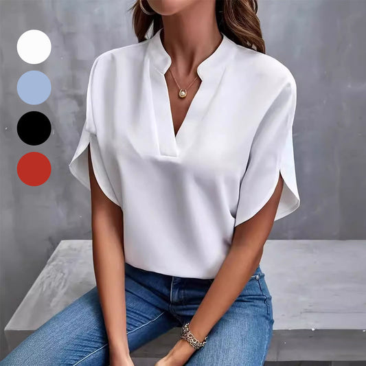 Top monocolor de manga corta con cuello de pico para mujer