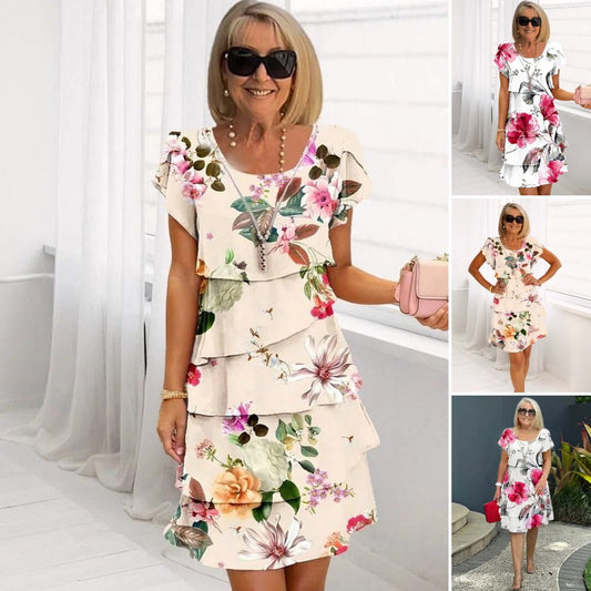 Vestido en cascada con motivos florales y varias plantas
