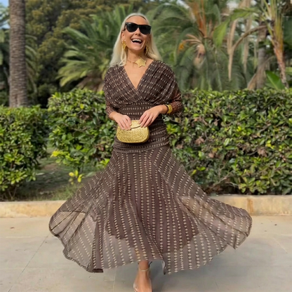 Vestido Maxi Bohemio de Malla Enrugada con Escote en V