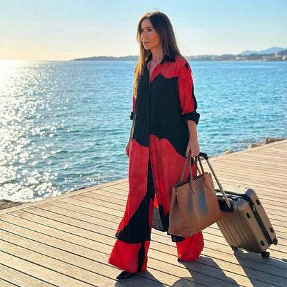 Elegante conjunto de camisa larga y pantalones anchos