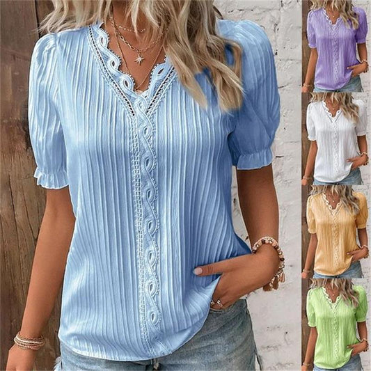 Cuello en V Encaje Liso Camisa Elegante -🌻Compre 2 y llévese 1 gratis