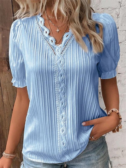 Cuello en V Encaje Liso Camisa Elegante -🌻Compre 2 y llévese 1 gratis