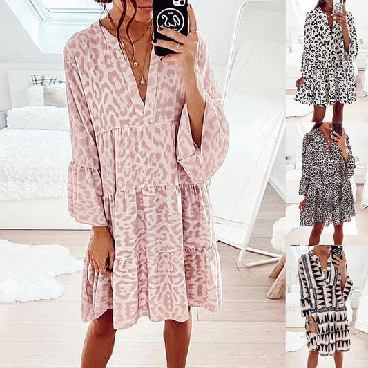 Printed Long-sleeved Loose V-neck Patchwork Dress