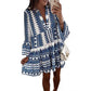 Printed Long-sleeved Loose V-neck Patchwork Dress